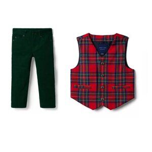 Janie and Jack SET Green Corduroy Pants and Holiday Plaid Vest 6-12 Months